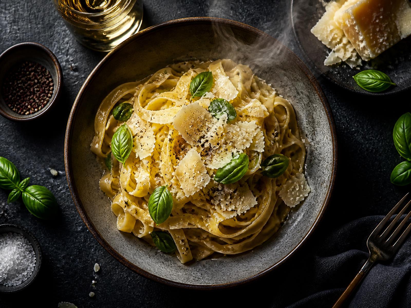 Fettuccine humeante con parmesano y albahaca